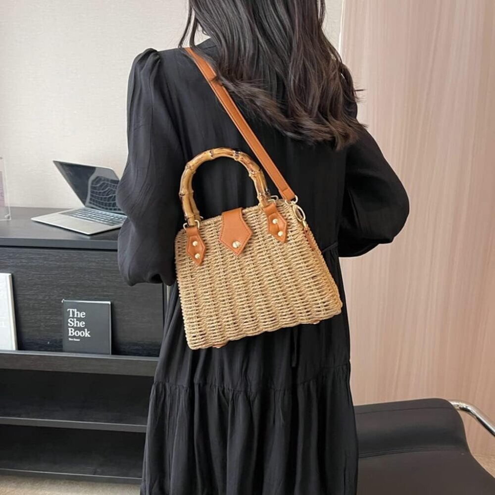 Women Straw Crossbody Bag Handwoven Basket Handbags Summer Beach Weave Shoulder - Picture 2 of 8